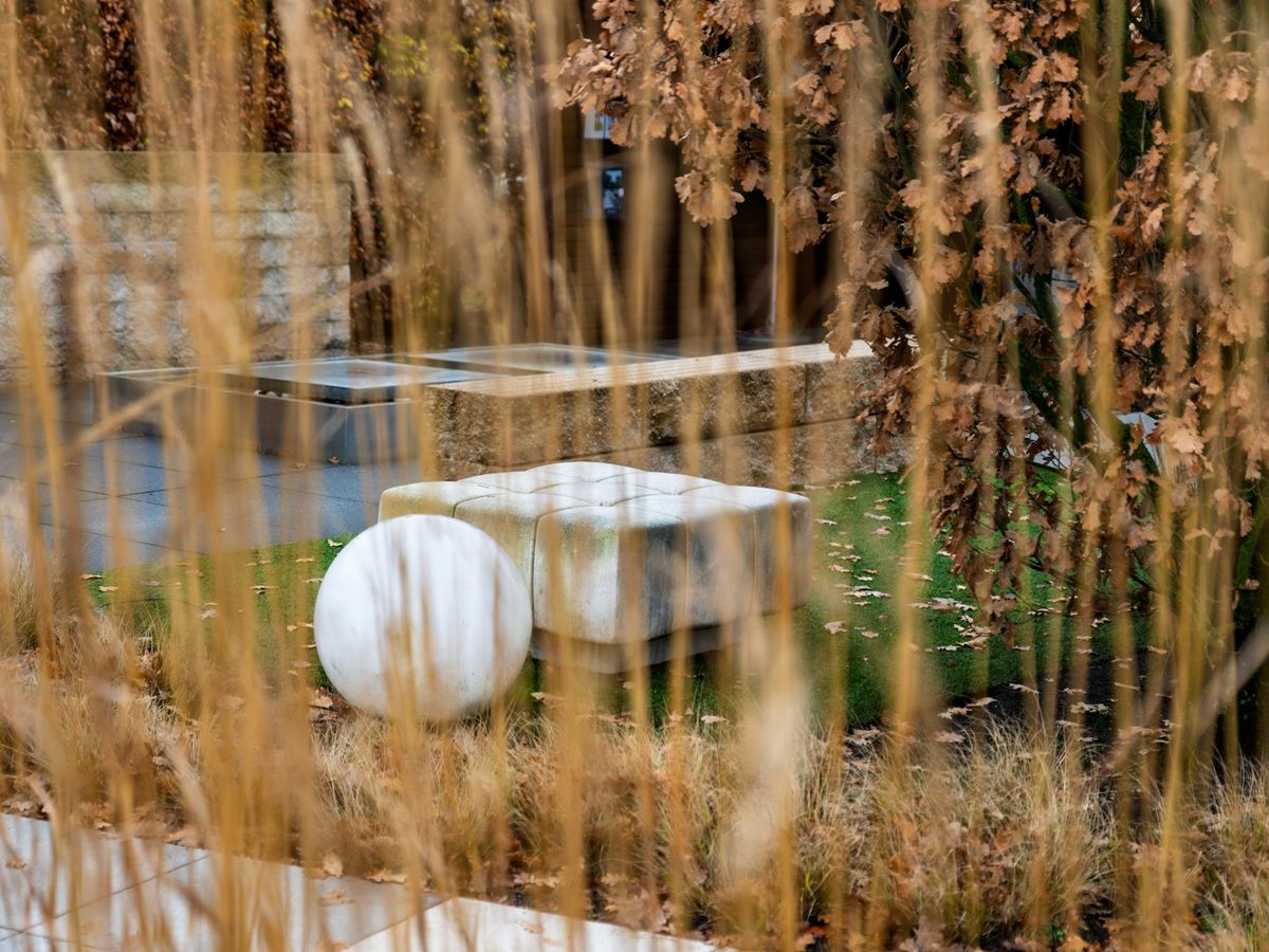 Tuin met stenen bank en beplanting